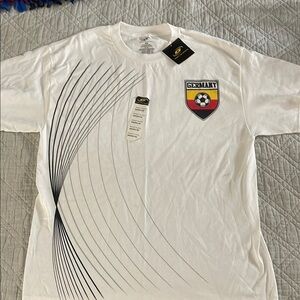 White Tee with Black Abstract Design and Colorful Logo